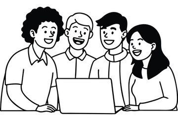 Fototapeta premium Four diverse people smiling and looking at a laptop computer together group team 1