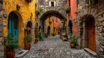 Naklejka premium Charming european street with stone archways and colorful buildingsides.