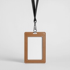 Brown Leather ID Card Holder Mockup with Lanyard on Plain Background