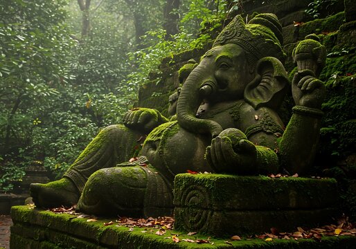 Ancient Ganesha statue overgrown with moss in a lush forest. Generative Ai - Powered by Adobe