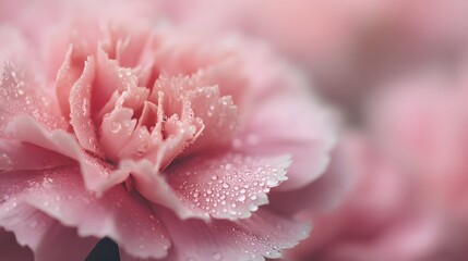 Fototapeta premium Delicate pink flower petals, covered in glistening water droplets, showcase a soft, romantic aesthetic.
