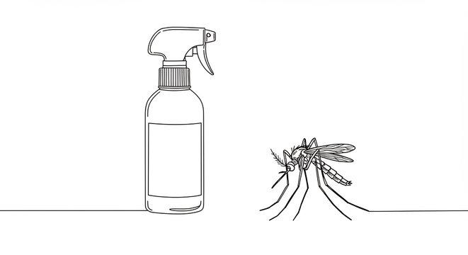 Simple line art shows effective insect repellent spray bottle repelling mosquitos. AI Generated