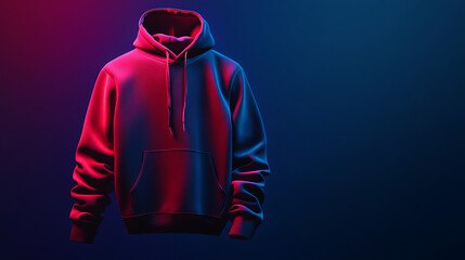 folded hoodie glowing under colored neon light, dramatic shadows, modern futuristic style.
