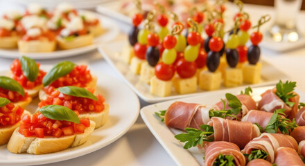 Elegant assorted party appetizers arranged on white plates including bruschetta with tomato and basil, skewered cheese with grapes, and prosciutto wrapped greens for festive gatherings
