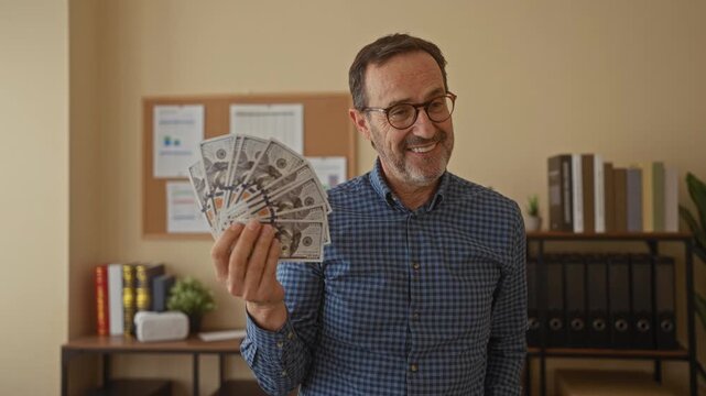 Man holding cash indoors in an office setting with a joyful expression, surrounded by books and plants, showcasing financial success and happiness at work.