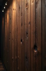 Obraz premium Rustic dark wood plank wall featuring natural grain pattern and knots. Varying shades add warmth and depth to timber surface. Ideal for interior design, cabin, farmhouse decor, architectural elements.
