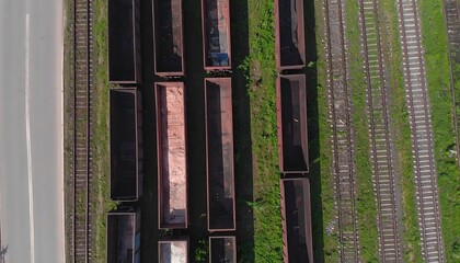 Overhead view of railway cars and tracks