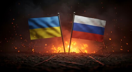 Ukraine and Russia flags amidst fire, symbolizing conflict and war's impact
