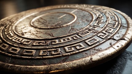 A Close-Up of an Ancient Shield Featuring Intricate Patterns and Textures, Reflecting Historical Significance and Craftsmanship