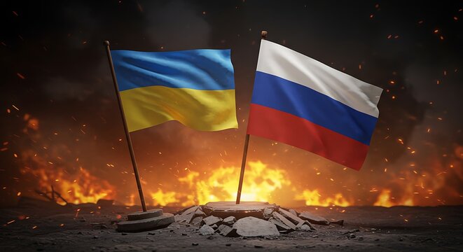 Ukrainian and Russian flags amid flames, symbolizing conflict and war - Powered by Adobe