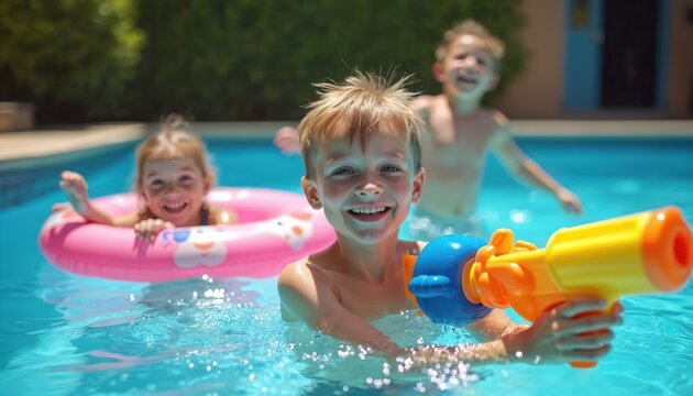 Three happy children enjoy playing with water guns, inflatable toys in sunny backyard swimming pool. Boy with water pistol smiles at camera, girl floats on pink ring. Another child splashes in