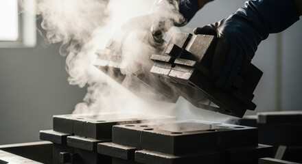 Worker in protective gloves opening hot industrial metal mold with steam rising in manufacturing facility, demonstrating heavy industry precision engineering process