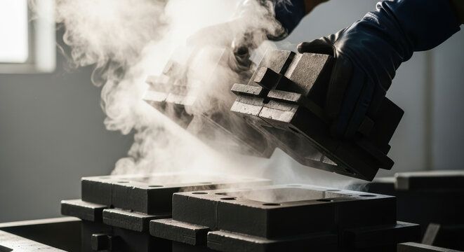 Worker in protective gloves opening hot industrial metal mold with steam rising in manufacturing facility, demonstrating heavy industry precision engineering process