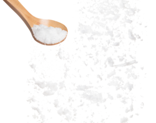 Refined Salt fall down pouring in wooden spoon, powder white salts explode abstract cloud fly. Small ground salt splash in air, food object element design. White background isolated high speed freeze