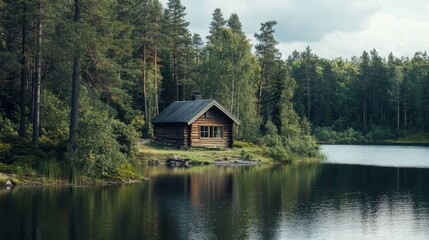 Fototapeta premium A serene wooden cabin by a calm lake, surrounded by lush greenery and tall trees under a cloudy sky.