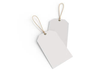 3D realistic mockup of blank hanging tags with strings, isolated on  background. Perfect template for branding, label design, packaging, fashion, retail, shopping, wedding tag, gift tag, souvenir