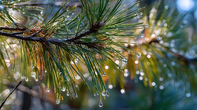 Dew-kissed pine needles sparkle with morning light, showcasing delicate droplets clinging to the vibrant green foliage.