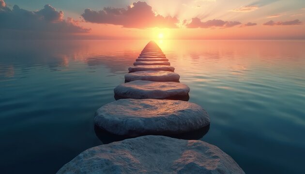 Abstract visualization of life milestones as stepping stones crossing calm sea at dawn. Path shows journey toward success, wisdom. Overcoming challenges builds resilience, personal awareness for