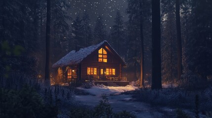 A cozy cabin nestled in a snowy forest, illuminated by warm light, creating a serene and inviting winter atmosphere.