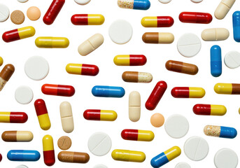 Various colorful pills and capsules scattered on transparent background, representing medication, treatment, and healthcare isolated on transparent background