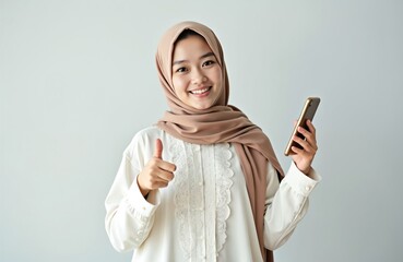 Young Asian Muslim woman smiles, holding smartphone, giving thumbs up. Isolated on gray background. Represents positive communication, agreement, and modern technology use.
