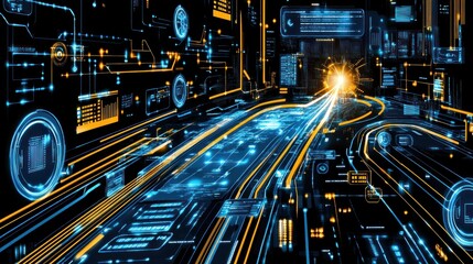 Futuristic technology data stream visualization with glowing blue and orange elements