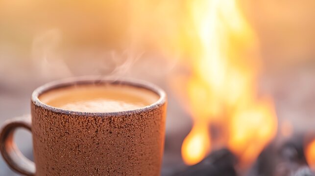 Cozy warm coffee cup beside a crackling fireplace
