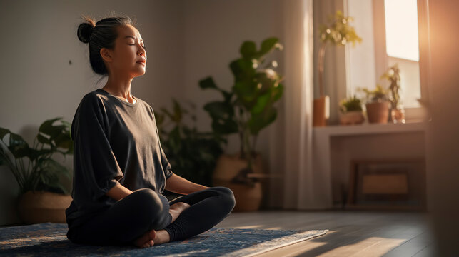 Japanese Mature Woman in Serene Yoga in Sunlit Room with Abundant Greenery