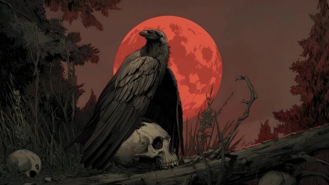 Spooky gothic raven on skull under ominous red moon in dark horror forest