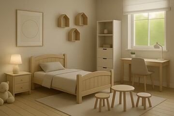Fototapeta premium 🌿 A serene minimalist kids’ bedroom with natural wood furniture, cozy lighting, and soft earthy tones—perfect for creating a calm, warm, and modern family lifestyle. ✨