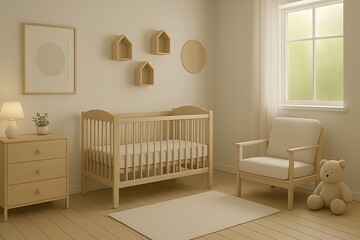 🍼 Minimalist baby nursery with wooden crib, cozy armchair, and soft natural light, radiating warmth and calm 🌿 Download this elegant design to inspire peace & style ✨