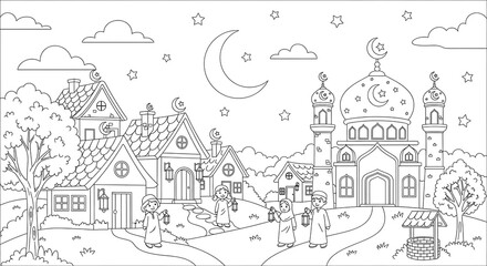 Obraz premium Children with Lanterns, Nighttime Mosque, Ramadan Coloring Page, Cute Cartoon Style, Peaceful Atmosphere