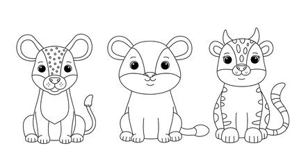 Naklejka premium Adorable Cartoon Animals: Lion, Tiger Cub, and Calf; Black and White Line Art; Cute, Childlike Style.