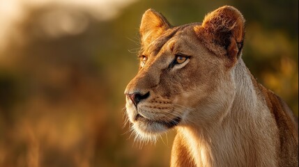 Obraz premium Captivating lioness portrait bathed in golden light showcasing her power and natural majesty in Africa
