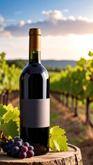 Fototapeta premium Red wine bottle amidst vineyard