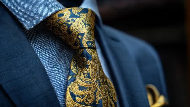 Stylish men's fashion: Close-up of a blue suit with an elegant paisley tie detail