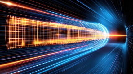 Abstract orange and blue light trails in a high-tech tunnel background