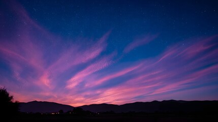 A breathtaking twilight sky, filled with vibrant hues of pink and purple, displays delicate clouds against a dark blue night sky dotted with stars, over a silhouetted mountain range.