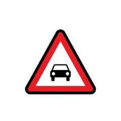 Warning sign of cars ahead on the road, red triangle.
