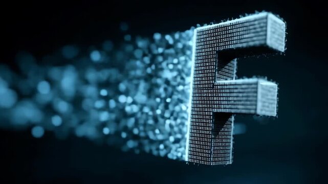 Futuristic abstract digital letter F dissolving into particles . Dynamic technology motion