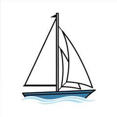 Illustration of a sailboat with white sails and blue hull sailing on the water.