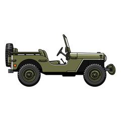 Side profile of a vintage military green Jeep. © mbak