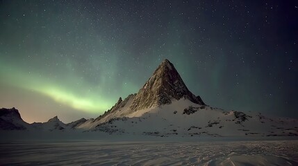 A majestic mountain peak rises against a backdrop of a starlit night sky, illuminated by a vibrant aurora borealis display.