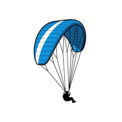 A paraglider soars through the air, a silhouette against the sky.