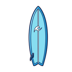 A stylized illustration of a blue surfboard with a white wave logo and a single fin, ready for surfing.