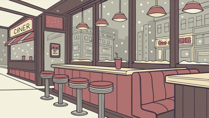 Cozy diner scene illustration in winter with snow falling outside restaurant windows and seating