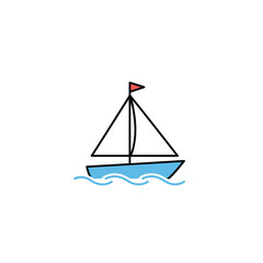 A simple, colorful line drawing of a sailboat with a red flag, floating on blue waves.