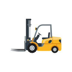 Side view of a yellow industrial forklift truck, designed for lifting and moving heavy loads.