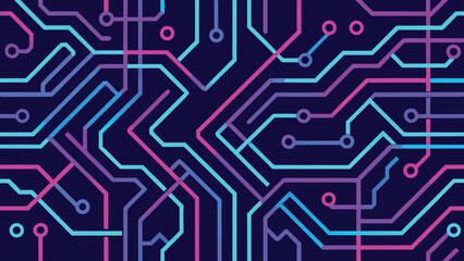 Abstract Circuit Board Pattern With Neon Blue Pink And Purple Lines On Dark transparency background technology digital