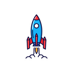 A stylized blue and red rocket launching into space.
